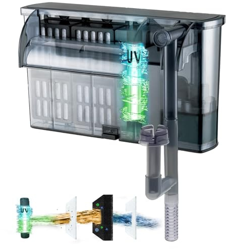 Large Hang on Back Aquarium Filter 264GPH for 20-75 Gal Fish Tank, w/ U-V Light Surface Skimmer 13-Stage Green Killing Deodorization Machine Saltwater Freshwater Crystal Clear Suspension Oxygen