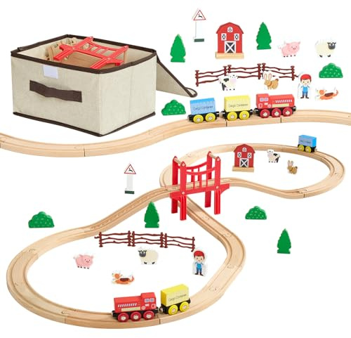 VEVOR Trenino in Legno per Bambini 39 Pezzi, con Treni Magnetici e Accessori Ferroviari, Compatibile con le Principali Marche, Giocattolo di Compleanno di Natale per Bambini dai 3 agli 8 Anni