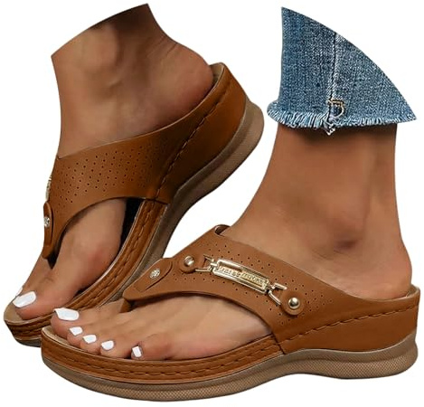 Generisk tåseparator damer läder, flip flops damer elegant med fotbädd, strandskor, mode kilsandaler, metallspänne, tofflor, andas, tofflor, lediga pantoletter, bekväma sommarskor