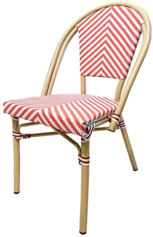 EME Silla París Color Rojo Estilo Parisino. Silla Tipo bistró Ideal para Usar en Interior como en Exterior. Estructura de Aluminio y Asiento de textilene Trenzado en Color Beige y Rojo. Apilable.