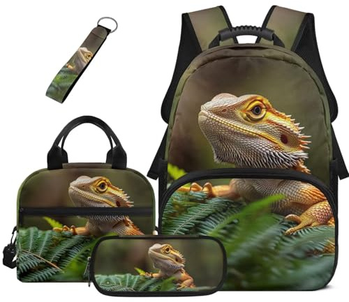 COEQINE 4-delad skolryggsäck med lunchlåda stor pennfodral söt skolväska paket, Cool skäggig drake