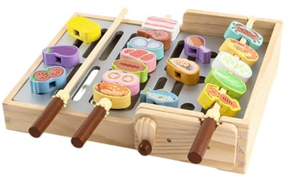 FytStycale Kids Pretend Grill Barbecue Jouet Cuisine Enfant Grille Jouet Barbecue en Bois Jeu Imitation Manipulation de Brochettes et Bouton pour Simulation