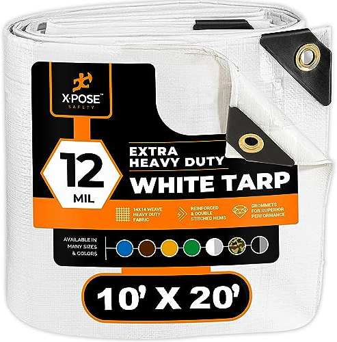 Xpose Safety Heavy Duty White Poly Tarp 10' x 20' Multipurpose Protective Cover - Durable, Waterproof, Weather Proof, Rip and Tear Resistant - Extra Thick 12 Mil Polyethylene - by