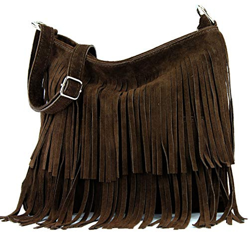 modamoda de - ital sac à bandoulière en daim frangé T125, Couleur:chocolat noir