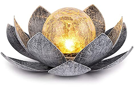 Huaxu Solar Lights Outdoor Garden, Crackle Globe Glass Lotus Decor, Waterproof LED Metal Flower Decorations for Patio,Lawn,Walkway,Tabletop,Ground