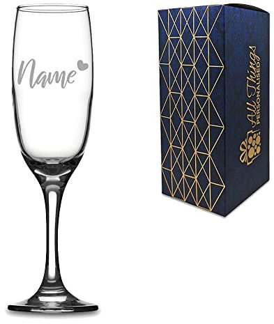 Personalised Engraved Champagne Flute with Name and Heart Design, Gift Boxed, Personalise with Any Name