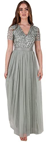 Maya Deluxe Maya Deluxe Taupe Blush Short Sleeve Stripe Bridesmaid Maxi Dress Vestido Formal Mujer