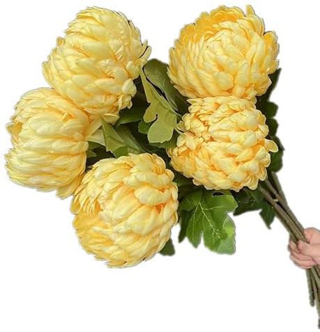Gladiolus garden 5pcs Faux Round Pineapple Chrysanthemum Flower Branch with Green Leaves Artificial Big Callistephus Chinensis for Floral Arrangement (Yellow)
