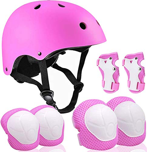 ZLEIOUY Barnhjälmvadderingsset, armbågar, knän, handledsskydd för sport, skyddsutrustning, justerbar, säkerhetsset för 3–10 år, flickor, pojkar, småbarn, cykel, skridskoåkning