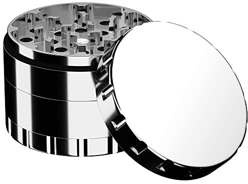 Edelstahl Grinder Premium Crusher | 4-teilig | Stahl Kräutermühle | Ø 63 mm | inkl. Schutztasche mit Reißverschluss, Pollenschaber, Pinsel und Mundstück