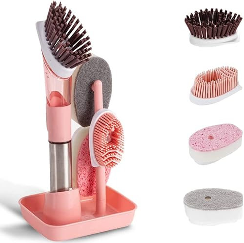Reinigungsbürste, Spülbürste, Bürste mit 4 Ersatzköpfen und Aufbewahrungshalter, Topfbürste mit Spülmittelspender, Reinigungsbürste Spülbecken Küchenorganisation Rosa