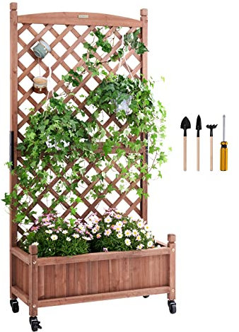 VEVOR Jardinière avec Treillis, 75x33x156 cm Lit de Jardin Surélevée en Bois Autoportant Bac à Fleur d'Extérieur avec Trous de Drainage pour Plantes Grimpantes, Fleurs, dans Jardin, Terrasse, Balcon