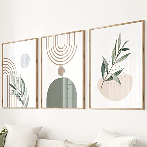 Juego de 3 Plantas de Color Verde Salvia Boho Abstracto Geométrico Cuadro Sobre Lienzo Pared Carteles Nórdicos e Impresiones Cuadros de Pared Sala de Estar Dormitorio Decoración-50*70Cm (Sin Marco)