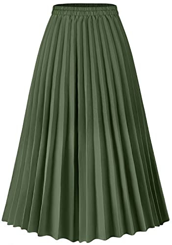 Basoteeuo Green Pleated Skirt for Women Midi Length Summer High Waisted A Line Elastic Waist Skirts M