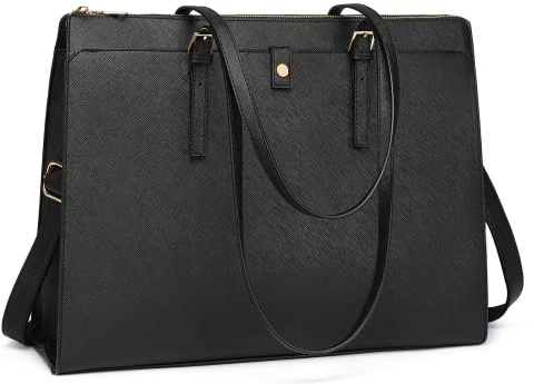 BOLOSTA Laptop bärväska för kvinnor, 15,6-tums läder laptop portfölj handväska, stor dator arbete affärs-axelväska, perfekt för resor/dagligt bruk, svart, klassisk