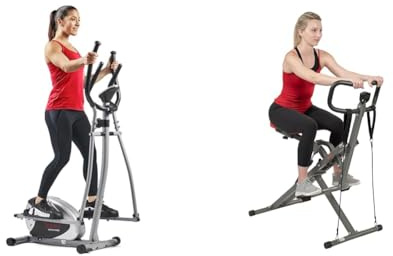 Sunny Health & Fitness Legacy Stepping Elliptical Machine, Ultra- Quiet Magnetic Belt Drive + Row-N-Ride™ PRO Squat Assist Trainer, Rowing Machine w/Digital Monitor & Resistance Bands