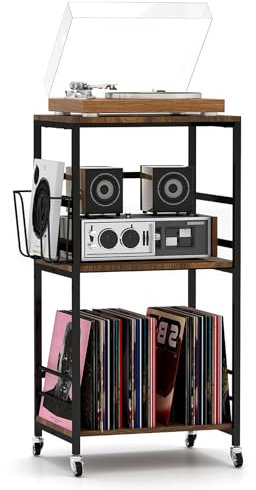tonchean Support pour tourne-disques, à 3 étages, en vinyle, avec roulettes, rangement de disques, table d'appoint pour salon, chambre à coucher, bureau