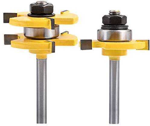 HOHXEN Jeu de 2 Mèches de Toupie pour Languettes et Rainures, Fraise à Bois 3 Dents en Forme de T, Outils pour le Travail du Bois - (Queue de 1/4'', Largeur Dent de 1/4'', Profondeur Dent de 1/4)