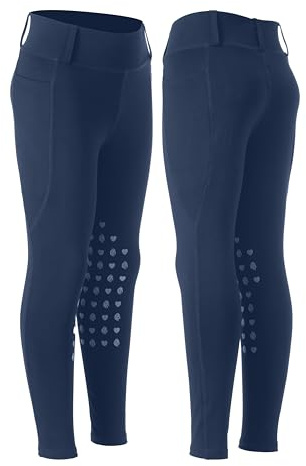 Equinavia Classic Kids Silicone Knee Patch Horse Riding Pants with Phone Pockets | Equestrian Breeches Unisex Schooling Tights for Girls and Boys - Deep Blue - XL
