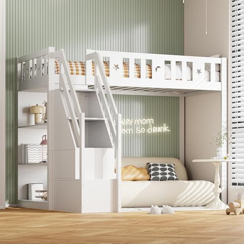 Ctastay Kinderbett Holzbett 90x200 cm, Bett Hochbett mit Stauraum Staufach & Regal, Familienbett Jugendbett mit Treppe & Rausfallschutz, Weiß (Ohne Matratze)