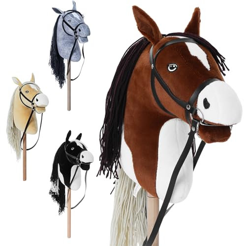 Hoofly® Hobby Horse Pferde – Großes Steckenpferd für Kinder A3 mit Trense & 40 cm Schraubstab | Realistisches & weiches Stockpferd Braun (Schecke) | Hobby Horsing Pferd in 4 liebevollen Farben