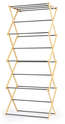 Beldray 4 Tier Folding Clothes Airer – Strong Bamboo Frame, Sturdy Steel Bars, Max Load 15kg, Lightweight, Compact Storage, 8M Drying Space For Heavy Towels & Bed Sheets, Foldable Concertina Design