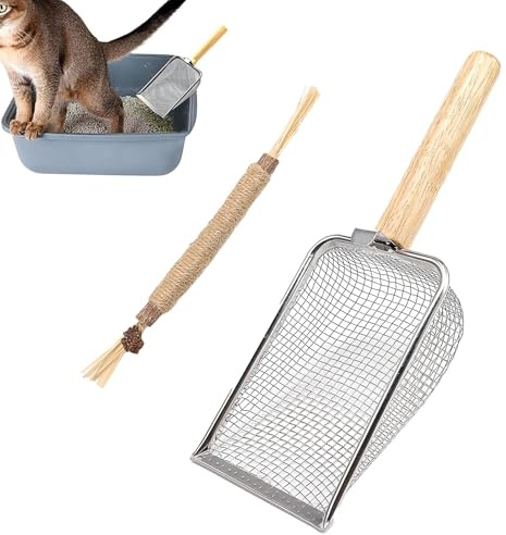HASLED Pelle litiere Chat, avec Manche en Bois | Tamis à 6 Trous, adapté aux bacs à litière pour Chats | Jouet pour Chat Inclus | Crochet Pratique | Pelle a crotte Chat Adapté à la litière pour Chats