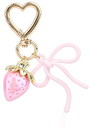 Mikovivi Porte-Clés Fraise Mignon pour Femmes, Accessoires Kawaii Noeud Cœur Clé de Voiture Décoration pour Sac à Main Breloques de Sac Cadeaux Femmes (Rose)