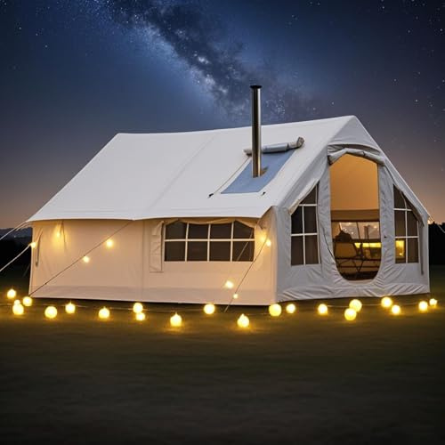 Tenda da campeggio gonfiabile con foro per stufa, grande tenda glamping da 10㎡ per 6-8 persone, tenda ad aria pop-up impermeabile per 4 stagioni, facile installazione per la famiglia, pompa rapida