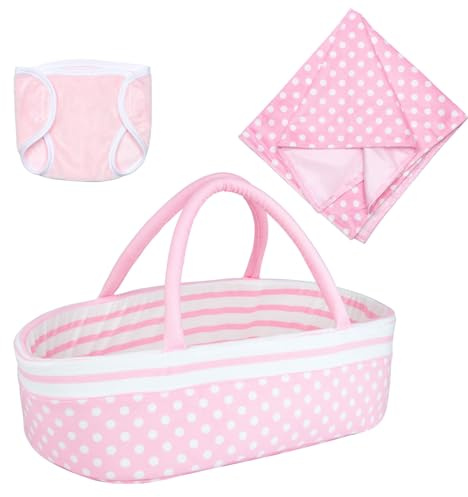 Baby Doll Bassinet with Blanket Diaper 3-Piece for 15-22 Inch Dolls, Thick Reborn Doll Cradle Bed Portable Toddler Doll Basket Carrier for 18-20 Inch Newborn Dolls Accessories Girl Gift