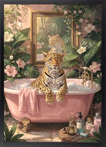 Fine Artic Cuadro de Leopardo en la Bañera Maximalista - Poster de Estilo Ecléctico con Marco de madera Negro - Arte mural de Baño Lujoso decoración de Salón - Cuadros de Selva Chic