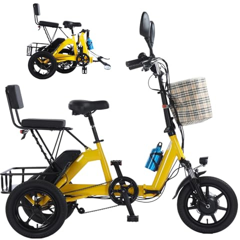 HZWJD Triciclo Eléctrico para Adultos,Cuadro De Fácil Acceso,Bicicleta Eléctrica,con Cesta De Gran Capacidad,Batería De Litio De 48 V Y 10 Ah,Capacidad De Carga Máxima De 150 Kg Yellow
