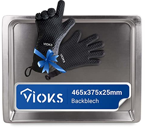 VIOKS Backen Zubehör Set - Backblech 46 x 37 cm 465x375х25mm Ersatz für 00438155 Bosch Bаckblech Tief & 2 Kochhandschuhe Schwarz mit Bаckblech Siеmens Backofen