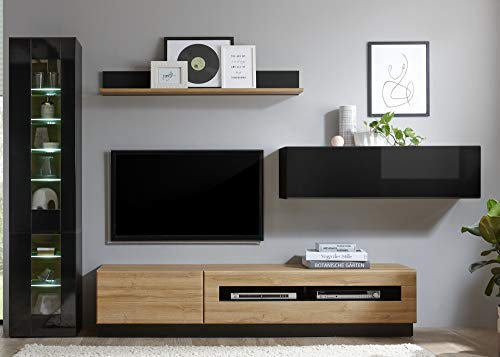 Wohnkombination Ruby schwarz/Grandson Oak hell Dekor 340(320) x200x38-48cm Wohnzimmermöbel Wohnzimmer Wohnzimmerschrank Stauraumelement Stauraum Größe ohne Beleuchtung