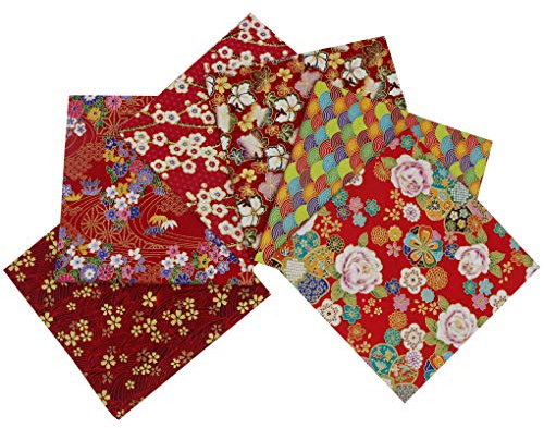 Jukway 6 Pezzi Tessuto Cotone Stile Giapponese 40 x 40 cm Stoffa Patchwork, Tessuti Bronzante Motivi Floreali Stoffe per Cucito Creativo, Trapuntatura, Decorazione, Hobby Artigianale (Rosso)