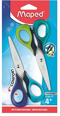 Maped 2 Paar Sensoft Scheren 13 cm – Kinderschere mit symmetrischen Ringen innen weich – Schulschere ab 4 Jahren – Blau + Grün