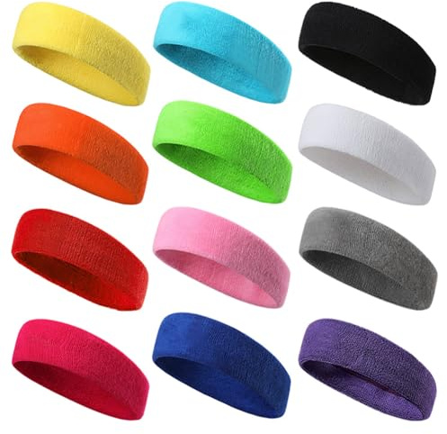 12 Pièces Bandeau Sport pour Hommes et Femmes Bandeau Transpiration Bande de Cheveux Élastique Non Slip Évacuation de l'Humidité Bandeau en Coton
