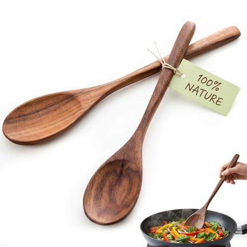 HANSGO Wooden Spoons for Cooking, 2PCS Acacia Wood Kitchen Utensil, 12Inch Wood Serving Spoons for Nonstick Pans, Comfort Grip, Durable, Heat Resistant, Kitchen Gifts for Women, Cooking Gifts for Men
