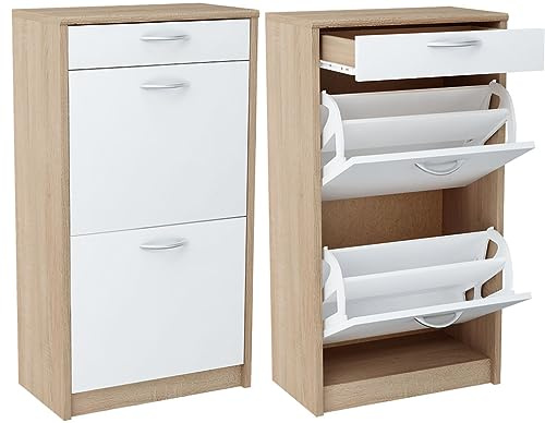 Meble Bestseller K034 Commode à chaussures avec 2 portes, 1 tiroir (largeur 50 cm, hauteur 92 cm, profondeur 28 cm) en chêne Sonoma et blanc