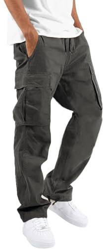 HUNGSON Mens Cargo Pants Drawstring Casual Hiking Pants Joggers Athletic Trousers Cotton Loose Straight Sweatpants for Men Dark Grey