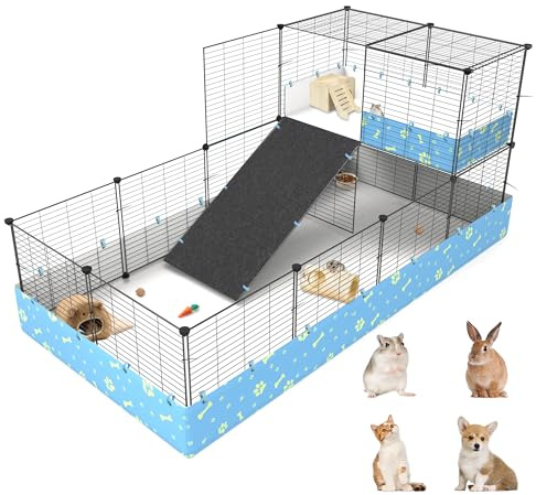 MODESLAB 2-Story Guinea Pig Cages with Tarp, Large C&C Loft Cage for Rabbit Bunny Puppy Small Animal Indoor Dog Playpen Pet Exercise Enclosure, 25 Panels
