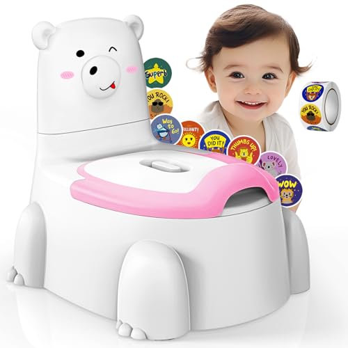 Potty Training Toilet Seat,Travel Potty for Toddlers with Potty Training Reward Stickers Portable Polar Bear Toilet Potty with Splash Guard for Ages 1-6 Kids Boys Girls,Pink White