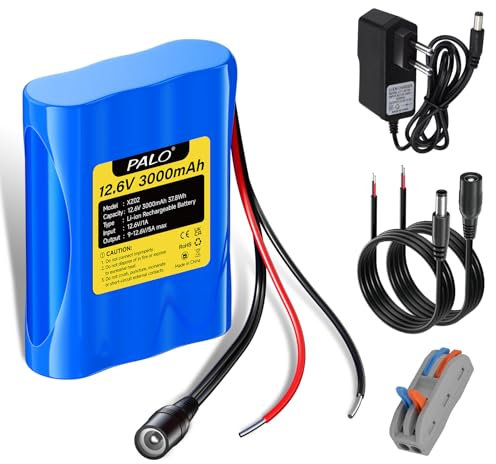Mspalocell Batterie Lithium-ION 12,6 V 3000 mAh avec Chargeur et 2 Lignes de Connexion pour Panneau Solaire, Radio, appareils Photo, caméscopes, Orgue électronique, Lampe de Lecture DIY, Sonar