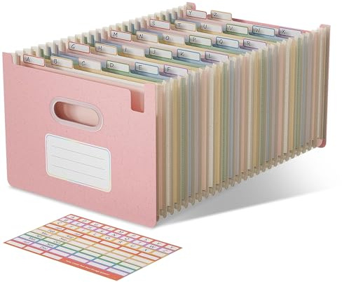 EcoStash A4 dokumentmapp, 26 fack, vetehalm, öppen ovansida | Utbyggbar sorteringsmapp & dragspelsmapp, BPA-fri, A-Z/månadsregister, självstående, skola, kontor, hem, rosa