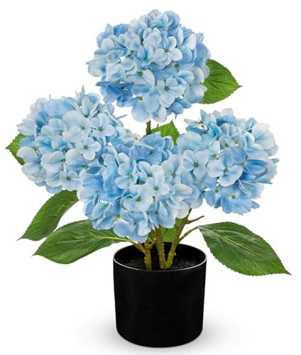 Hollyone Konstgjord hortensia i kruka, ljusblå hortensior konstgjorda blommor med 4 blomhuvuden, dekoration, blomma med kruka, silkesblomma för hem, badrum, kontor, bordsdekoration