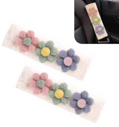 Bawkars 2 PCS Car Seat Belt Cover Pads, Cute Flower Safety Seatbelt Covers Cushion, 9.4 x 2.5 Soft Plush Shoulder Strap Protector, Universal Seat Belt Cover for Adults and Kids (Purple)