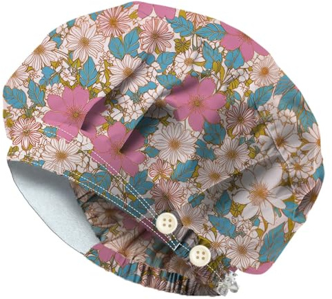 DELORIGIN Peeling Haube Mit Blumenmuster Und 4 Knopf Krankenschwester Haube Aus Baumwolle Elastische OP Haube Koch Bouffant Haube Für Damen Und Herren Kopfbedeckung Einheitsgröße