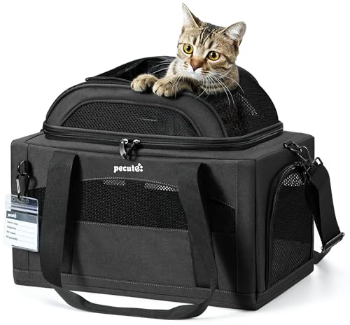 Pecute Sac de Transport pour Chat Extension Supérieure, Cadre Ultra Stable, Pliable, Sac Transport Chat avec Un Tapis d'urine imperméable Amovible, Sac de Transport pour Animaux Gris Foncé
