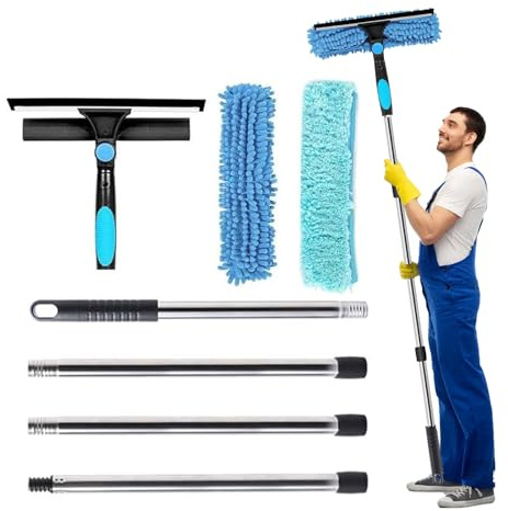 Bolizon Equipo de limpieza de ventanas con poste de extensión (70 pulgadas), escobilla giratoria de 180° y limpiador de microfibra, kit profesional de limpieza de ventanas de 176 cm para ventanas