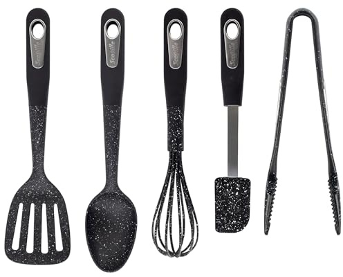 Scoville 5 Piece Kitchen Utensils Set, Cooking Utensils for Non Stick Kitchenware, Includes Slotted Turner, Solid Spoon, Whisk, Silicone Spatula & Kitchen Tongs, Dishwasher Safe, Anti Scratch, Black